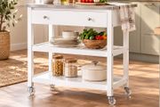 White Kitchen Trolley on Wheels with Stainless Steel Worktop Drawer and Shelves 81cm
