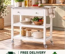White Kitchen Trolley on Wheels with Stainless Steel Worktop Drawer and Shelves 81cm