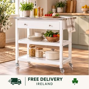 White Kitchen Trolley on Wheels with Stainless Steel Worktop Drawer and Shelves 81cm