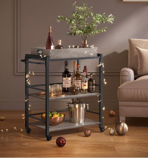 Industrial Style Serving Trolley Kitchen Trolley with Removable Tray with Adjustable Feet and Wheels Kitchen Shelf Steel Frame 65 x 40 x 86 cm Brown Rustic Black