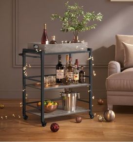 Industrial Style Serving Trolley Kitchen Trolley with Removable Tray with Adjustable Feet and Wheels Kitchen Shelf Steel Frame 65 x 40 x 86 cm Brown Rustic Black