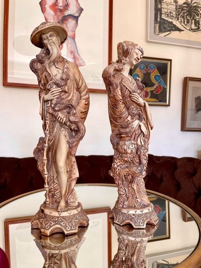 Vintage Oriental Resin Sculptured Figures Traditional Attire 1970s