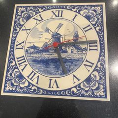 Blue tile clock with windmill