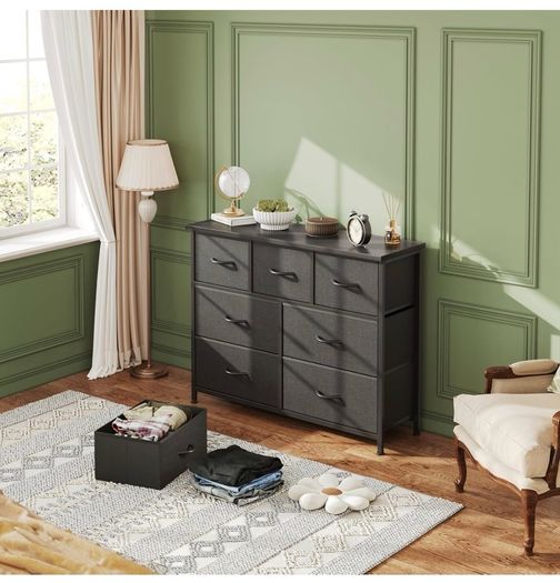 Chest of Drawers for Bedroom with 7 Drawers, Fabric Storage Drawer, Tall Black Hallway Storage Unit