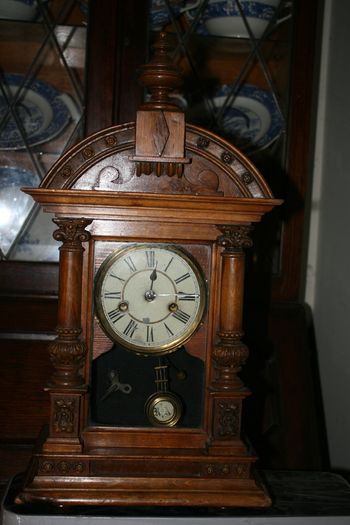 Antique Wood Carved P.H. S. 1800s Mantel Clock (in working order -  the clock doesn't ring) 21,5" x 11"