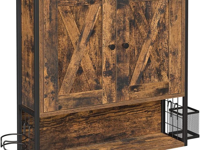 Bathroom Cabinet, Bathroom Cabinet, Wall Cabinet, Storage Cabinet, with 2 Doors, Adjustable Shelves, with Hair Dryer Holder, Industrial Design, Vintage Brown/Black