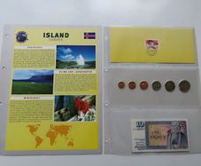 Iceland Banknote + Viking themed Coins + Stamp collector set vintage currency