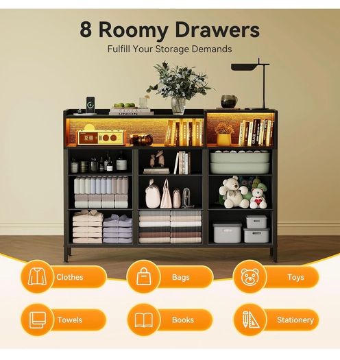 Black Chest of Drawers Bedroom, 9 Fabric Drawers, 130 x 30 x 97cm