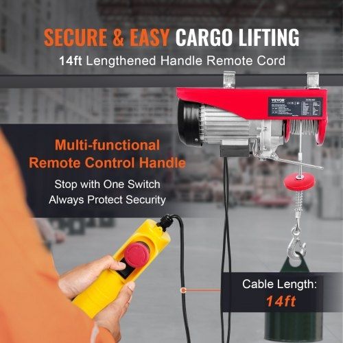 Electric Hoist, 598.7 kg Lifting Capacity, 1150W 220V Electric Steel Wire Winch with 427 cm Wired Remote Control,