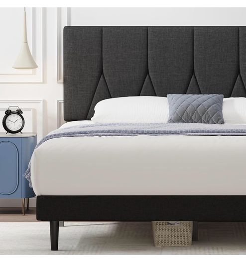 King Bed Frame, Black, Upholstered Wooden Slat Bed Frame with Headboard