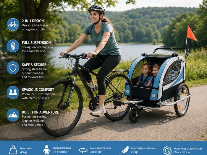 2-in-1 Child Bicycle Trailer & Jogger Stroller for 1-2 Children