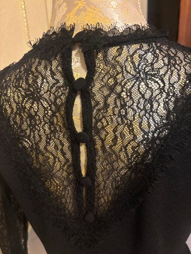 Mint Velvet - Black V Neck Top with Black Lace Sleeves and Neckline Size Medium