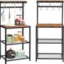 Standing Kitchen Shelf in Industrial Design with Metal Frame, Microwave Rack and 7 Hooks for Cooking Utensils, 60 x 40 x 138 cm, Vintage Brown and Black Image 3