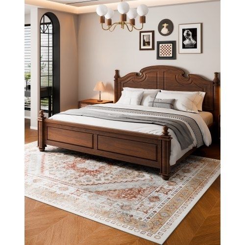 Area Rug, 8 x 10 ft Large Washable Rug, Non-Slip and Tear-Resistant Soft Carpet, Pet & Child Friendly Vintage Area Rugs, Indoor Mat for Bedroom, Living Room, Kids Room, Office, Brown Red