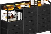 Black Chest of Drawers Bedroom, with LED Light trip with 10 Adjustable Colors and 2 USB and 2 AC Outlets
