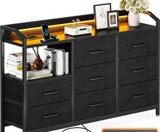 Black Chest of Drawers Bedroom, with LED Light trip with 10 Adjustable Colors and 2 USB and 2 AC Outlets