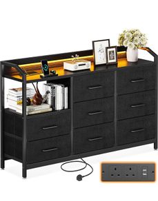 Black Chest of Drawers Bedroom, with LED Light trip with 10 Adjustable Colors and 2 USB and 2 AC Outlets