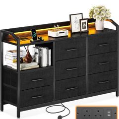 Black Chest of Drawers Bedroom, with LED Light trip with 10 Adjustable Colors and 2 USB and 2 AC Outlets