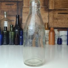 502 - Vintage Clear Glass Cork Top Collectible Decorative Lee Strand Creamery Milk Bottle