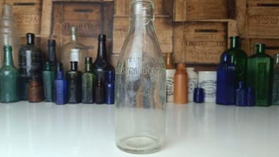 502 - Vintage Clear Glass Cork Top Collectible Decorative Lee Strand Creamery Milk Bottle
