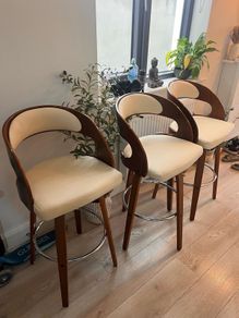 Modern Swivel Bar Stools Walnut Finish and Off White Leather