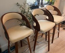 Modern Swivel Bar Stools Walnut Finish and Off White Leather