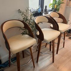 Modern Swivel Bar Stools Walnut Finish and Off White Leather