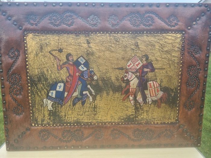 Vintage large leather painting of a medieval knights duel