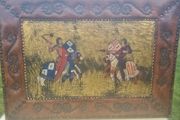 Vintage large leather painting of a medieval knights duel