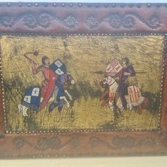Vintage large leather painting of a medieval knights duel