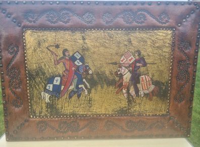 Vintage large leather painting of a medieval knights duel