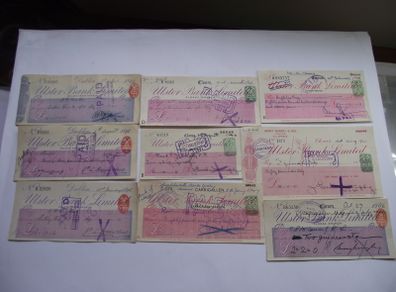 A Collection of 9 Vintage Cheques from Ulster Bank (1890-1959)