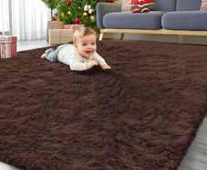 Fluffy Shaggy Rugs Living Room, Large Anti Slip Carpet, Machine Washable Soft Thick Pile Bedside Rug for Kids Bedroom, Nursery - Coffee, 120 x 160 cm