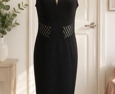 Karen Millen Black Mesh Panel Bodycon Midi Dress UK16 Occasion Wear