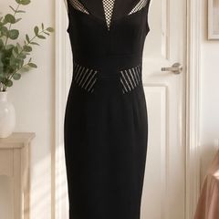 Karen Millen Black Mesh Panel Bodycon Midi Dress UK16 Occasion Wear
