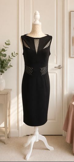 Karen Millen Black Mesh Panel Bodycon Midi Dress UK16 Occasion Wear