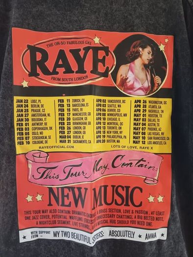 Distressed Grey RAYE This Tour May Contain New Music Double Sided T Shirt. XXL - Width: 65cm, Length: 75cm.