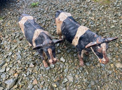 Pair Cast Iron Cow Figurines Rustic Big Size Farm Animal