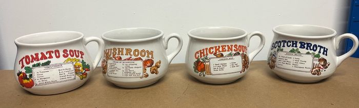 1980s Set of 4 vintage ceramic soup mugs bowls with handles.