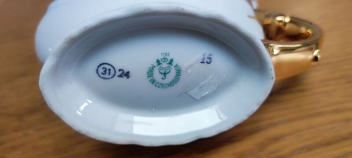 Vintage Karlovy Porcelain Mineral Water Sipping Straw Handle Cup Purple Flowers