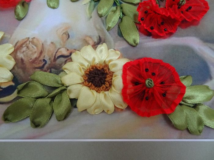 Hand made Sunflowers poppy 3D ribbon embroidery painting framed