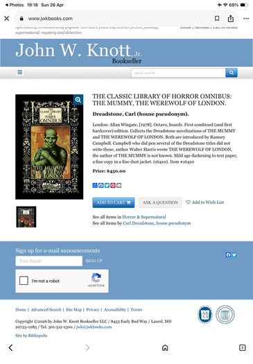 First edition hardback  The Mummy and The Werewolf of London Classic Library of Horror Omnibus Carl Dreadstone
