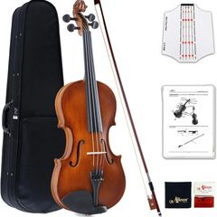 Violin 4/4 Full Size for Beginners with Fingerboard Sticker, User Manual, Hard Case, Bow, Rosin, Bridge, and Polishing Cloth
