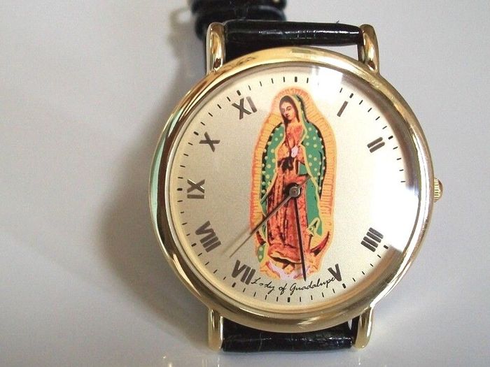 Lady of Guadalupe watch with black leather strap