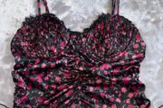 Black and pink floral corset top from For Love &amp; Lemons Size M Black Rose Print Satin Ruched Bustier Cami Top