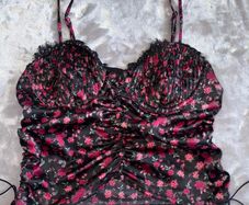 Black and pink floral corset top from For Love & Lemons Size M Black Rose Print Satin Ruched Bustier Cami Top