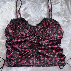 Black and pink floral corset top from For Love & Lemons Size M Black Rose Print Satin Ruched Bustier Cami Top