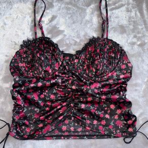 Black and pink floral corset top from For Love & Lemons Size M Black Rose Print Satin Ruched Bustier Cami Top