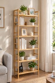 6 Tier Bamboo Bookshelf Display Storage Rack Organizer, Freestanding