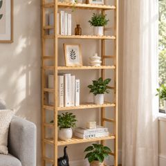 6 Tier Bamboo Bookshelf Display Storage Rack Organizer, Freestanding